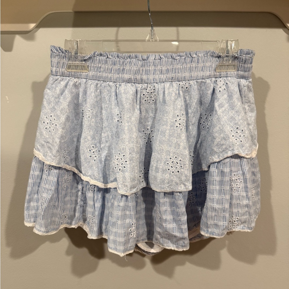 AE Blue and White striped floral eyelet skirt with lace